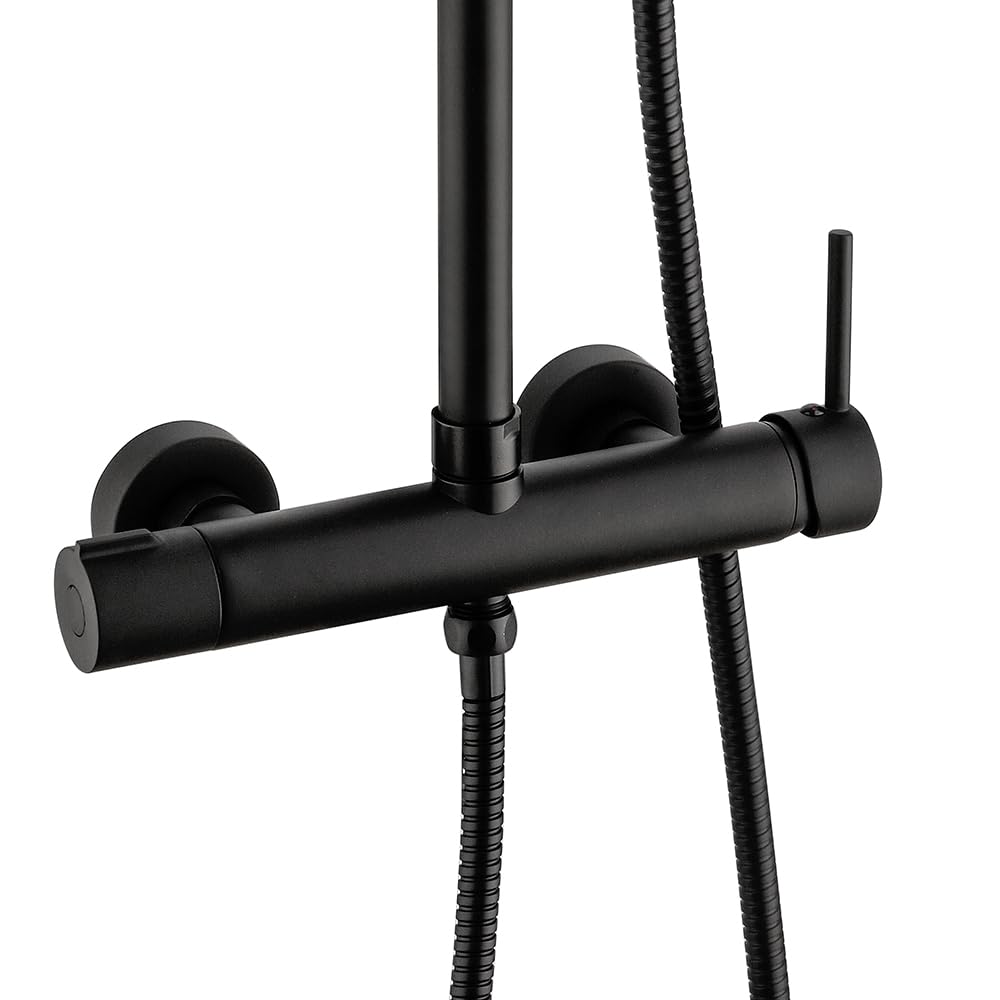 Colonna Doccia Regolabile H 115 Cm In Acciaio Inox Nero Opaco Completa Di Soffione, Doccetta Monogetto, Miscelatore Meccanico Con Deviatore A Due Vie E Flessibile 150 Cm