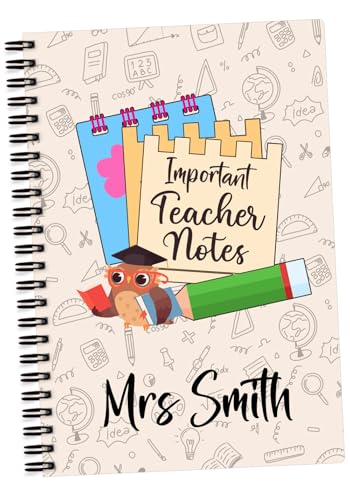 EnvyFone Personalised A5 Notebook - Important Teacher Notes - Cute Owl - Add Name - Teacher Present, Teaching Assistant, Thank You Best Leaving Gift (Original)