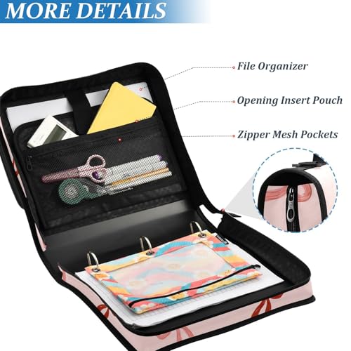 Image of 3 Ring Zipper Binder with Shoulder Strap Cute Red Bows Pink B 1.5 inch Binders Keeper Large Capacity Multi Pockets for School Office Supplies