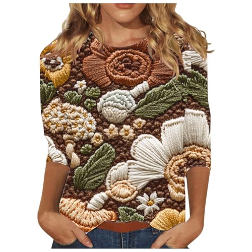PingShun Blusa de manga 3/4 para mujer, camiseta de moda, diseño floral, cuello redondo, camiseta de algodón, camiseta deportiva de verano, cómoda blusa de 2025, camiseta de manga larga para mujer, #2