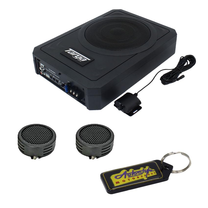 Targa TG-SKA8001 8-inch active subwoofer and amplifier system with remote bass control and wiring.