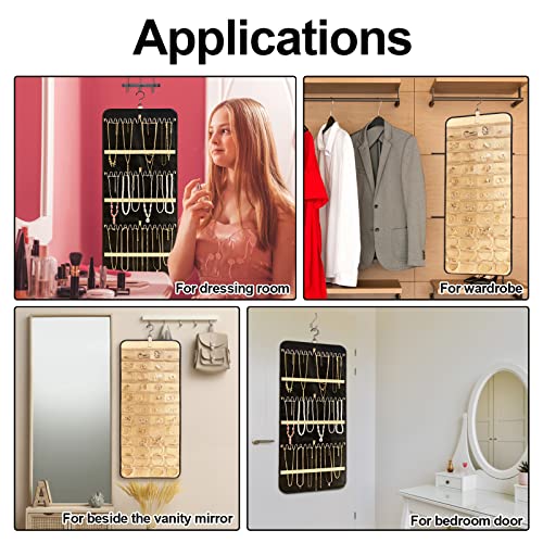 Wimupath Hanging Jewelry Organizer Storage Roll, Double-Sided Jewelry Holder For Earrings, Necklaces, Rings On Closet, Wall, Door, With Hanger Metal Hooks, Large, Black #TOP1