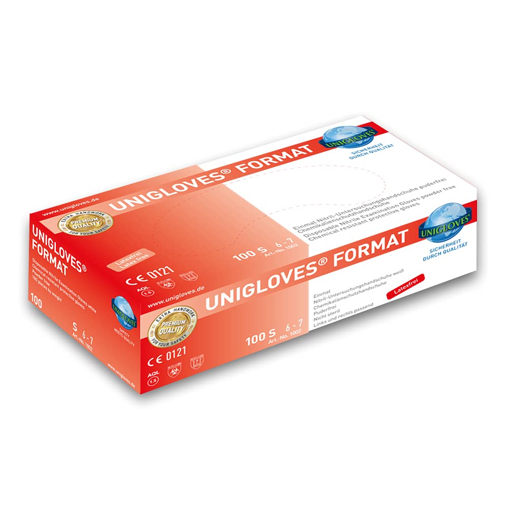 1000 Guanti in nitrile Unigloves Format – Taglia S – Non Sterili – Senza Polvere – Bianco – Senza Lattice – Prodotti chimici protezione en 374