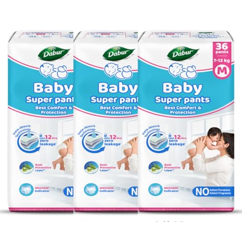 Dabur Baby Super Pants – M -Medium (Pack of 3, 36×3 Pieces) | 7-12kg | Insta-Absorb Technology | Diapers Infused with Aloe Vera, Shea Butter & Vitamin E | NO Added Parabens & Fragrance