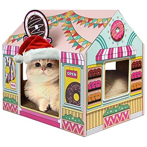 SEKAM Cardboard Cat House with Scratcher/Catnip, (16.5''L x 12''W x 15''H) Kitty Donut Shop for Indoor Cats - Cat Play House & Home Decor, Arched Door House Cat Scratch Toy for Cat Birthday Cover