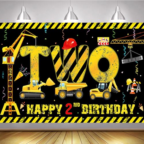 LOONELO Construction Theme Banner 2nd Birthday Party Photography Backdrop, Dump Truck Background Decorations, Yellow Black Excavator Crane Digger 2 Years Old Poster Sign