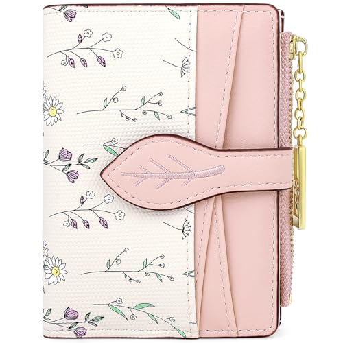 Image of Farcauo Cute Pink Minimalist Flower Wallet for Women Small Kawaii Coin Purse with ID Window Lightweight and Stylish Design Compact Cash Wallet for Ladies