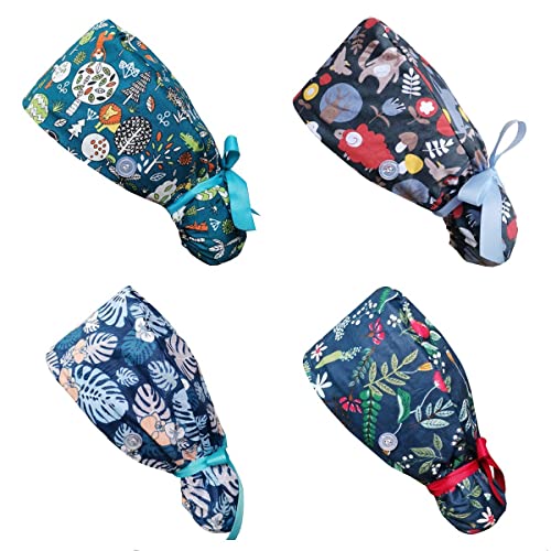SIMYJOY 4 Paquetes Gorros de Trabajo Mujer Pelo Largo Ajustable Algodón Gorro con Botón Banda de Sudor Gorros Sanitarios Estampado Gorro Matorrales Bouffant Cover