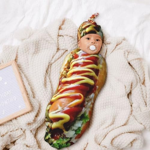 Image of Funny Food Newborn Swaddling Blanket Beanie Hat Sets Soft Baby Receiving Funny Hot Dog Food Blanket Soft Sleeping Bag New Born Soft Sleep Sacks for Boys Girls