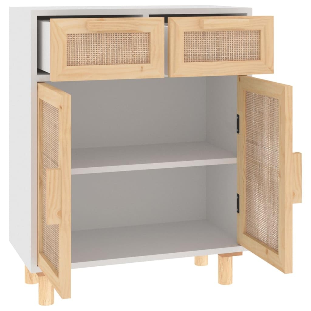 Buffet Blanc 60x30x75 cm, Meuble de Rangement avec 2 Tiroirs et Porte en Rotin Naturel, Enfilade en Bois de Pin Massif pour Salon et Entrée, Design Scandinave et Bohème