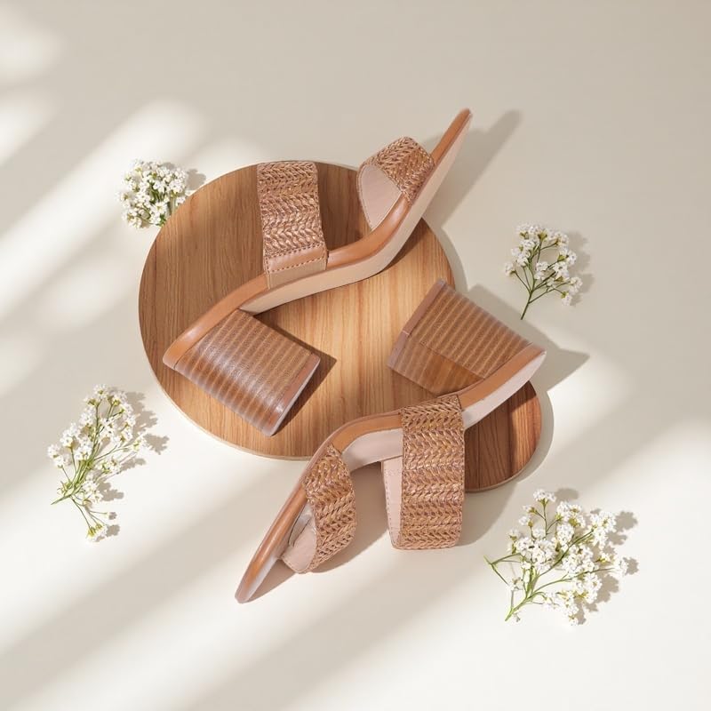 Ancomafio Heeled Sandals for Women Raffia Sandals 2025 Chunky Block Heels Square Open Toe Heels Double Strap Summer Dressy Shoes Slip On - Image 4