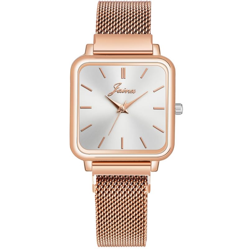 Image of jainx Square Dial Rose Gold Mesh Chain Analog Wrist Watch for Women (Rose Gold /Brown /Black /Silver /Green Color Dial)