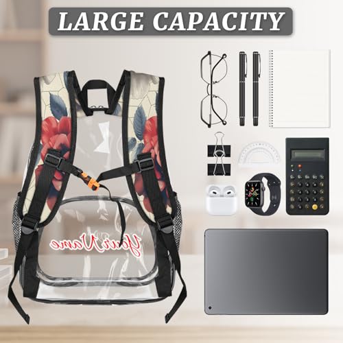 Personalized Small Clear Backpack Stadium Approved Heavy Duty PVC Plastic Custom Vintage Rose Transparent Backpacks See Through Bag with Name, Flowers3