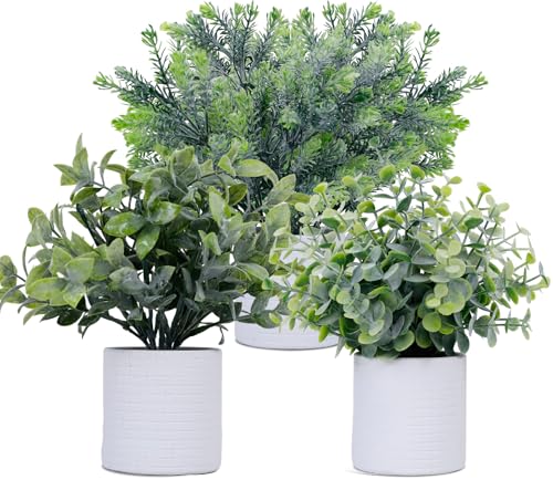 FGSAEOR Mini Potted Fake Plants, Small Artificial Greenery Plants Topiaries, Low Maintenance, Shelf Desk Room Table Office Home Decor (3-Pack) (White Pot - Grey)