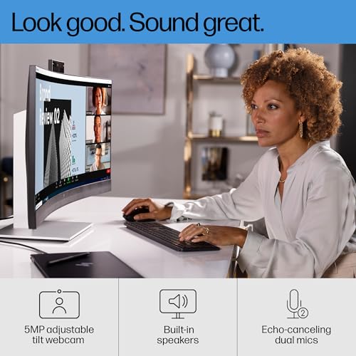 Image of HP E34m G4 32 inch Curved Conferencing MNTR, On-Screen Controls; Anti-Glare; Height Adjustable; Integrated Speakers; Curved Display; Webcam Eye Ease