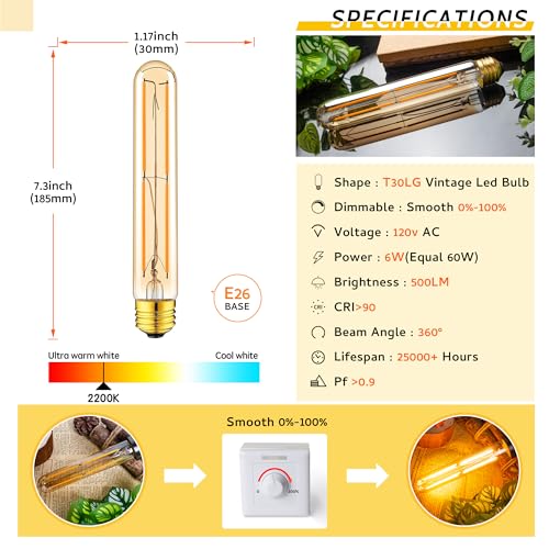Image of Tubular Light Bulb 7.3 Inch Dimmable T10 LED Bulb E26 6W 60 Watts Edison Bulbs Amber 2200K Warm White,185mm Long for Wall Sconces, Pendant, Livingroom, 4-Pack
