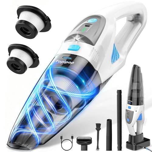 Topipop Aspirateur à Main sans Fil 25000Pa, Batterie 8000mAh & Filtre HEPA Lavable, Mini Aspirateur avec LED, 3 Embouts et Station de Charge pour Maison,...