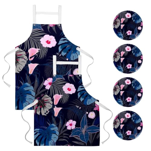 Lot de 2 tabliers fleurs et feuilles tropicales avec 4 broches pour cuisine