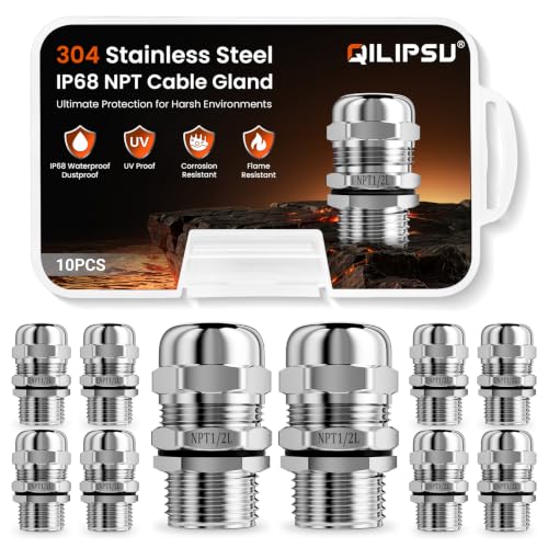 QILIPSU 10pcs 1/2" NPT 304 Stainless Steel Cable Gland Waterproof IP68 Metal Strain Relief Cord Grip Cable Long Thread Pass Through Wire Connector
