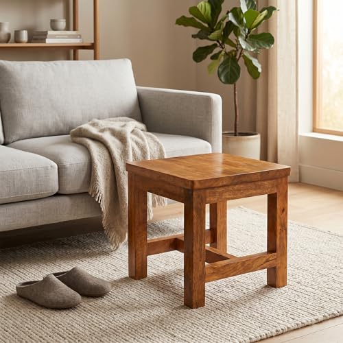Image of CARTADEN Wooden Stool for Sitting, 11.5 in Solid Wood Chair Footrest Crafted Hand-Painted Stool for Living Room Bedroom Playroom Furniture Step Stool for Adult Toddler Children Square Corner