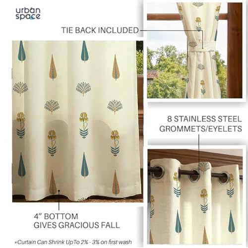 Image of Urban Space 100% Cotton Floral Curtains 8 Feet Long Set of 2, 60-65% Room Darkening, Decorative Curtains with Eyelets /Rings for Hanging, Tieback Included (Orchard Dark Teal, Long Door - 8 Feet)