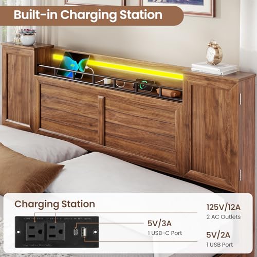 VIAGDO Farmhouse Queen Bed Frame with Headboard and Double Barn Door Storage Cabinets, Rustic Wooden Bed Frame Queen Size with Charging Station, 4 Drawers and LED Lights, No Box Spring Needed, Brown - Thumbnail 4