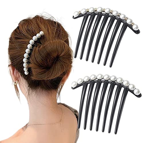 Yusier 2 PCS Vintage Pearl Rhinestone Black Hair Comb Clip Hair Styling and Hair Accessories Tool Side Comb Hair Bun Decorated for Women(C)