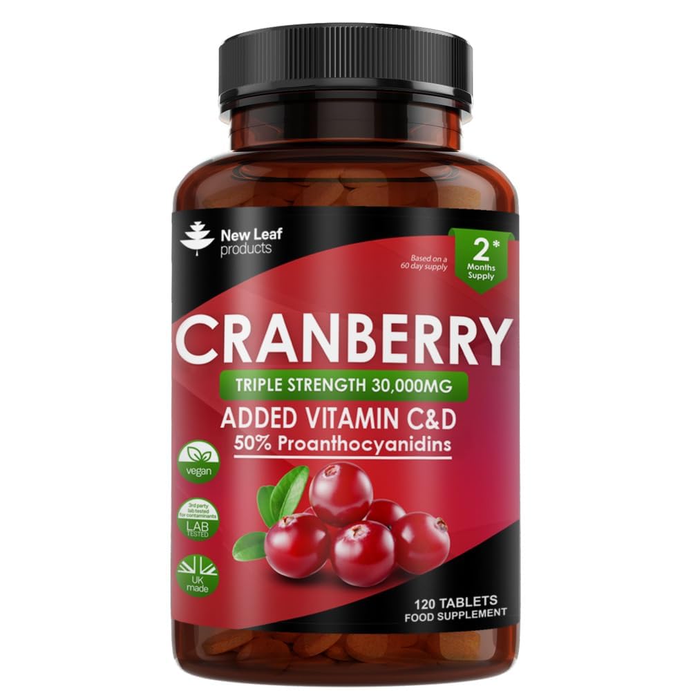Cranberry Tablets Triple Strength 30,000mg - Added Vitamin C & D - 120 Cranberry Supplements Cranberry Supplements for Women and Men - Vegan Cranberry Tablets for Women Made in UK by New Leaf