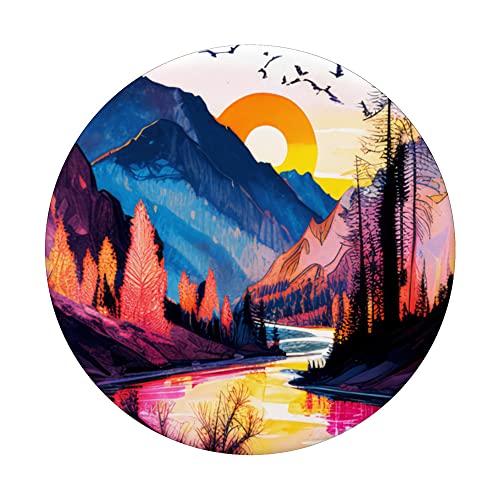 Painted Mountain River Sky Sunset Sunrise Dawn Dusk Pastel PopSockets Swappable PopGrip, Black - Image 3