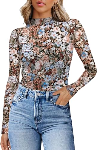 Image of WIHOLL Women's Sheer Tops Mesh Blouses Mock Turtle Neck Long Sleeve Tops Mesh Ruched Sexy Lace Shirts Womens Tops Flower Print,M