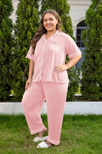 Image of Vozanet Women's Plus Size Pajamas Button Down Shirt and Pants Soft Lounge Sets Bride Nighty Bottom with Pockets 1x to 5x