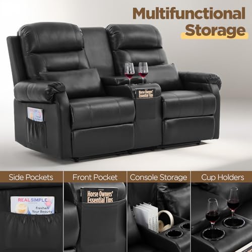Image of RV Loveseat Recliner with Console, Reclining Loveseat Sofa, Manual Home Theater Seating with Pockets /Cup Holders for Living Room /RV Furniture (Black PU)