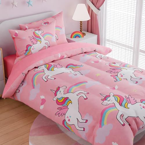 Image of SANDJEST Unicorns Bedding Full Set for Girls Kids Children, Ultra Soft Microfiber Comforter Set with 4-Pieces, Comforters Bed Sets Bedroom Decor