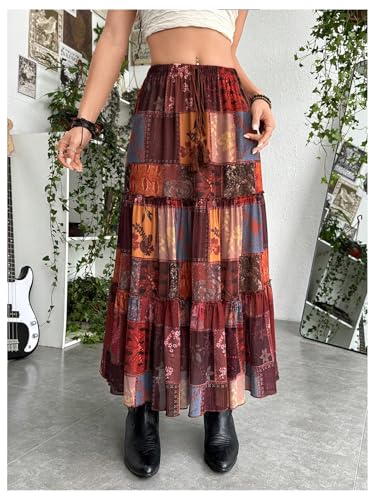Verdusa Women's Hippie Tie Knot Elastic High Waisted Boho Ruffle Flowy Long Maxi Skirts Multicolor Small3