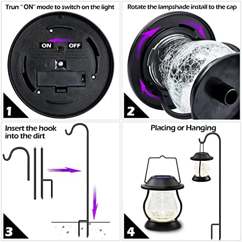 LeiDrail Solar Lanterns Solar Garden Lanterns with Shepherd Hooks, Warm White LED Garden Ornaments Outdoor Cracked Glass Lights Metal Waterproof for Garden Table Courtyard - 2 Pack