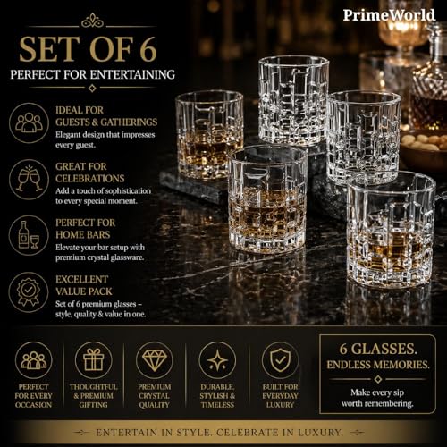 Image of PrimeWorld Premium Bricks European Crystal Whiskey Glasses Set of 6 pcs- 320 ml Bar Glass for Drinking Bourbon, Whisky, Scotch, Cocktails, Cognac- Old Fashioned Cocktail Tumblers