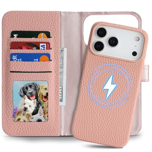 Image of Detachable Genuine Leather Case for iPhone 17 Pro Wallet Case Magnetic 2in1 Removable Flip Cover Book Purse Compatible with Magsafe Charging Kickstand Card Holder-Pink