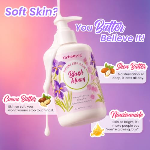 Image of UrbanYog Perfume Body Lotion | Enriched with Niacinamide, Cocoa Butter & Shea Butter | Long-Lasting Hydration & Brightening Care | Fast-Absorbing, Non-Greasy Formula | Suitable for Men & Women | 300 ml