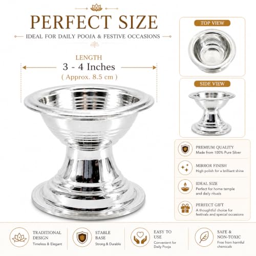 Image of Silver Diya /Ghee Vilakku /Lamp - Silver Pooja Items for Home, Return Gift for Navarathri, Wedding, Housewarming & Festivals - 40 Gram | Handcrafted | Worship God