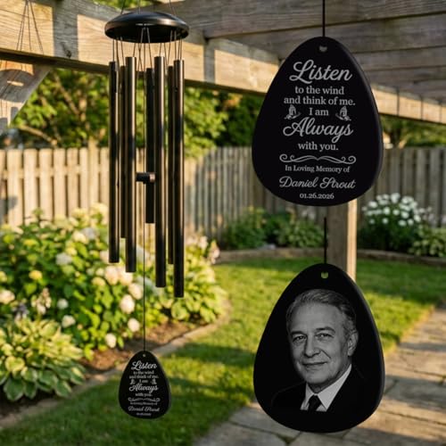 Image of Personalized Memorial Wind Chimes for Outside Custom Photo with Name & Date, in Loving Memory - Sympathy Gifts - Keepsake Loss of Beloved One