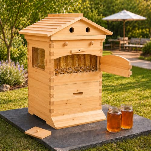 JYBBGO Flow Hive Beehive Starter Kit 7 Auto Flow Frames Wax Coated Wood Bee House with Observation Window Automatic Honey Flowing Bee Hives Boxes for Backyard Beekeeping Complete Easy Harvest Kit