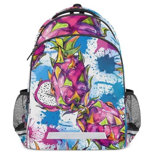 Watercolour Pitaya Dragon Fruit Backpack with Reflector Strips for Women Men, Multi-Pocket Laptop iPad Tablet Backpack Daypack Travel Casual Rucksack 16.7in