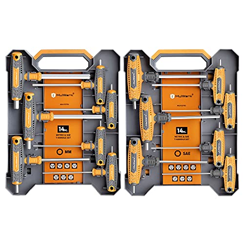 Mulwark 14 PC T-handle Allen Wrench Set Metric and Standard, T Handle Hex Key Set, Long Hex Driver Set with Wall-mounted Storage Box, Clear Marking, Two-Tip Design and Chamfered Tips