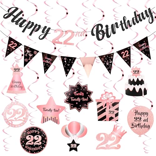 Image of 22nd Birthday Decorations for Her Rose Gold Pink Pre Strung Happy 22nd Birthday Banner and Hanging Swirls 22 Year Old Party Decorations Supplies