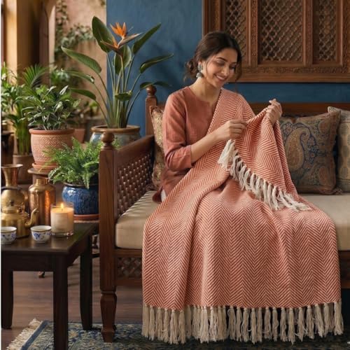Image of SAJAVAT HOME Hand-Knitted Cotton Sofa Throw | Light Red Tassel Design for 3 & 5 Seater Sofa, Couch & Bed | Soft Lightweight All-Season Throw Blanket | 80x52 Inches