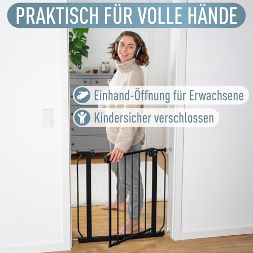ib style Treppenschutzgitter Berrin - Türschutzgitter für Babys, Ohne Bohren, Gittertür, Tuergitter für Kinder, Schwarz, Breite: 140-150 cm