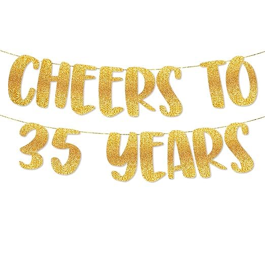 Cheers to 35 Years Banner | 35th Birthday Party Golden Glitter Banner | Party Decorations and Supplies | Wedding Anniversary Decorations | Pre-Strung-image-4
