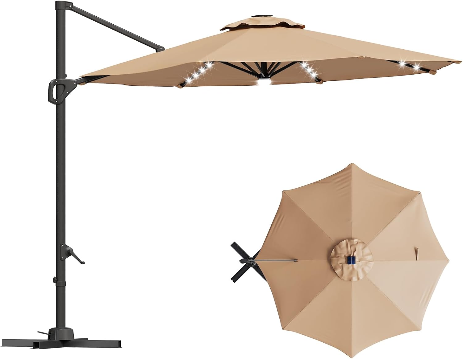 10Ft Cantilever Patio Umbrella with LED Solar-Powered Lights, Round Outdoor Umbrella Featuring 360° Rotation, Easy-Lock Handle, Heavy-Duty Frame and Cross Base for Backyard, Garden, Deck