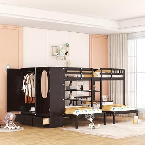 fcfeue Full-Over-Twin-Twin Bed Frame, All Solid Wood Bunk Bed with Wardrobe, Drawers, Mirror and Wooden Frame. Children's Bed for 3 Persons, Suitable for Twins and Triplets.Espresso Cover