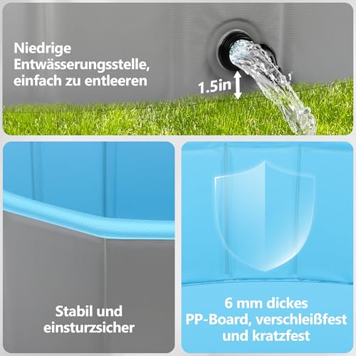 BuntWunder Faltbare Hundepool, 120 X 30cm Hundepool für Große & Kleine Hunde, rutschfest Verschleißfest Verdickt PVC Planschbecken für Hunde & Kinder, Tragbar Hundebadewanne mit 4 Flicken